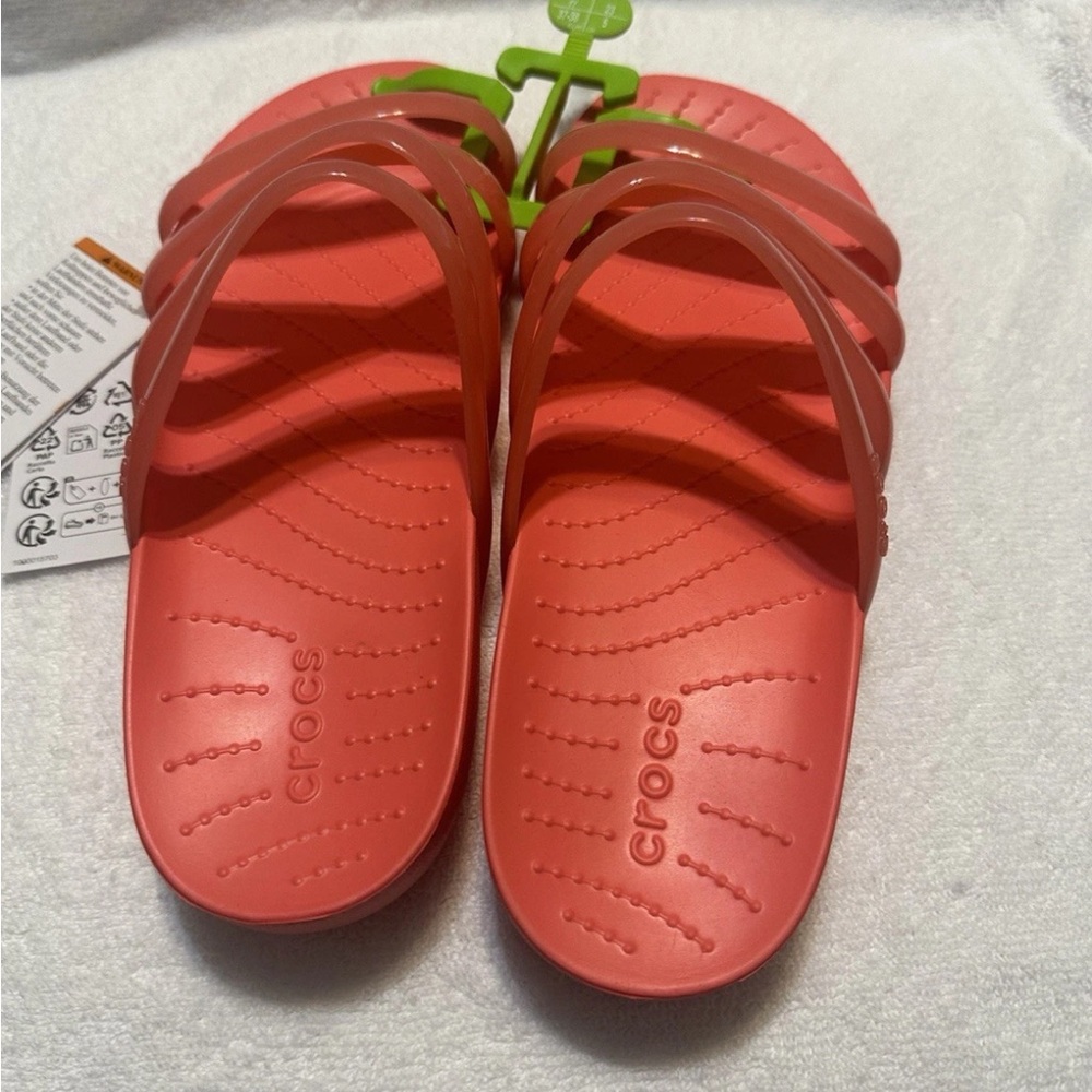 CROCS Coral Pink Women’s US 7 Strappy Slide Sandals Glossy Jelly Spring Beach - Picture 4 of 5